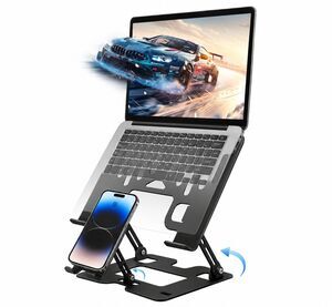 Ergonomic Alloy Steel Laptop Stand for 10-18" Laptops with Phone Holder Black